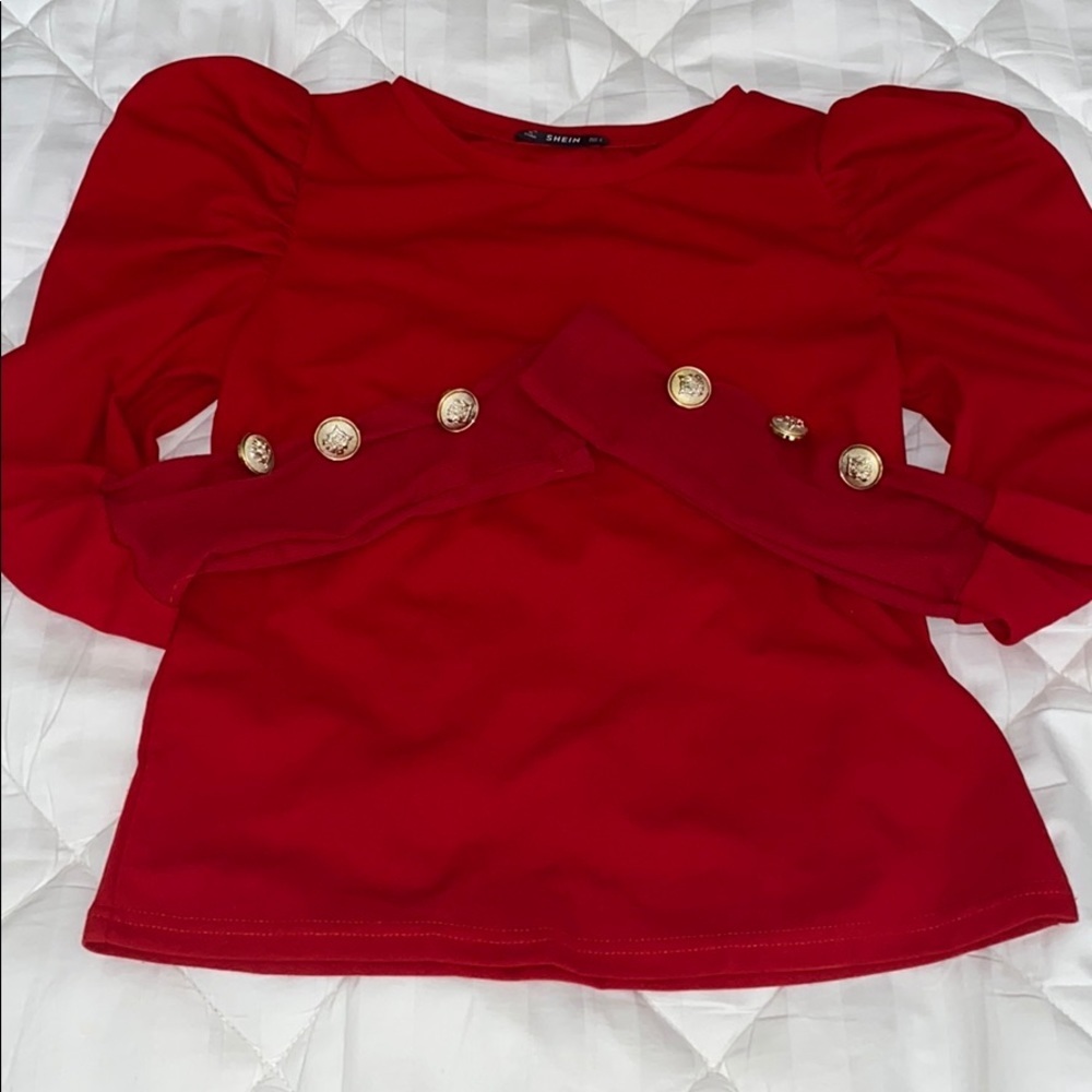 SHEIN puff sleeve thin sweater with gold hardware